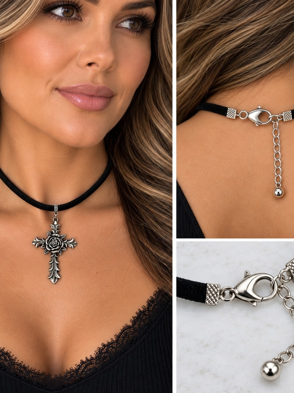 Silver Rose Cross Pendant Goth Choker Necklace - Hand Crafted - New - Picture 3 of 5